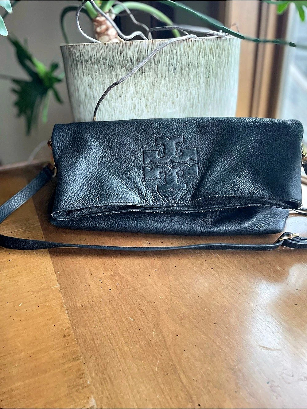 Tory Burch Fold-Over Black Pebble Leather Convertible Crossbody Clutch